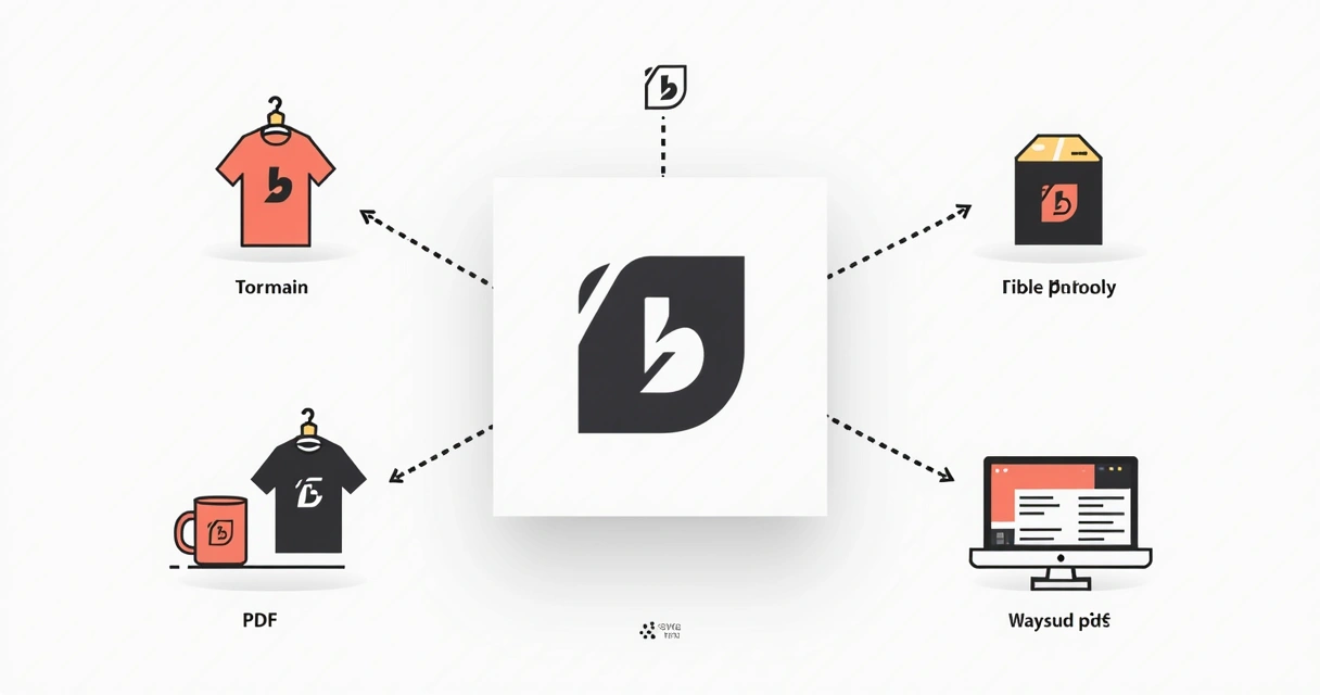 Variações e formatos de logotipo exibidos em tela e materiais 
