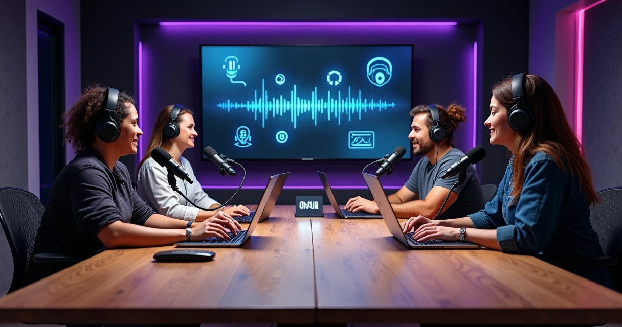 Mesa de gravação de podcast com vários participantes e ícones de diferentes formatos de conteúdo ao fundo 