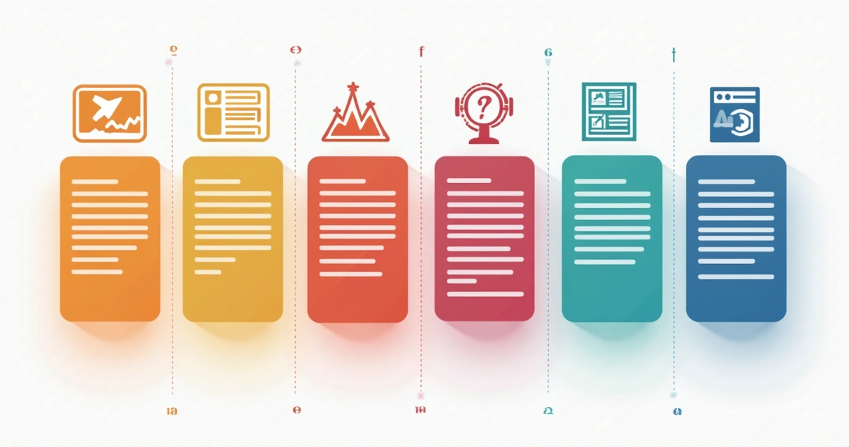 Quadro colorido com diversos formatos de post blog como vídeo, texto, infográfico 