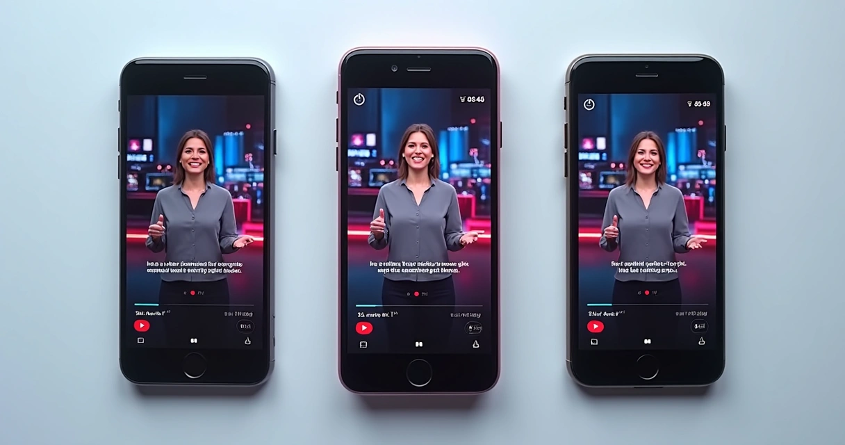 Three mobile screens side by side, each displaying the same video in different formats 