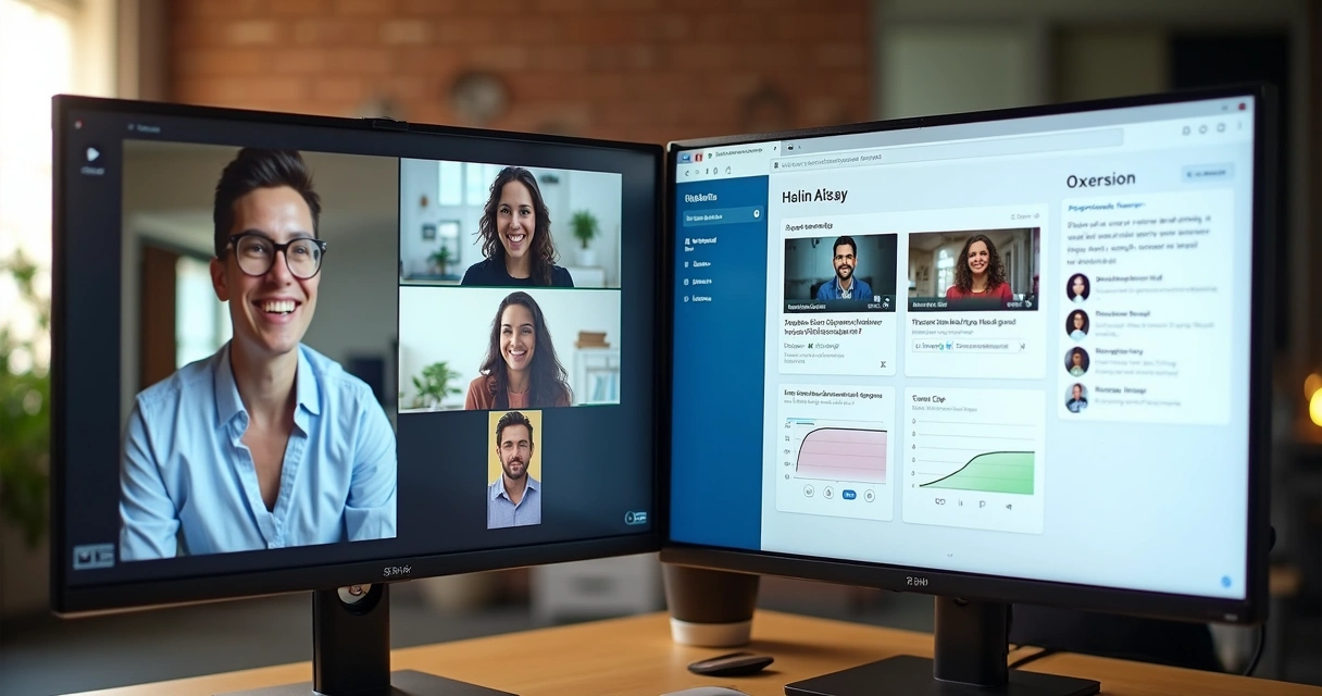 Tela dividida mostrando webinar ao vivo de um lado e cursos gravados no outro