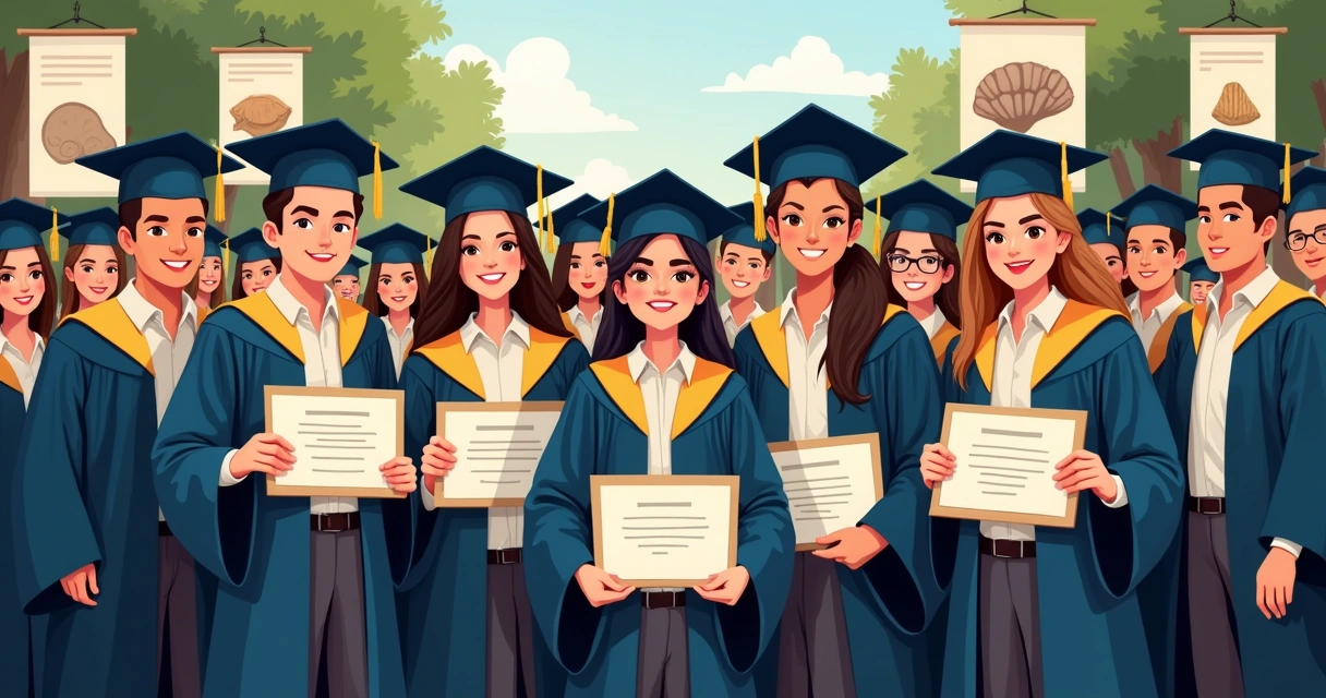 Cerimônia de formatura em biologia e paleontologia, alunos sorrindo com diplomas 