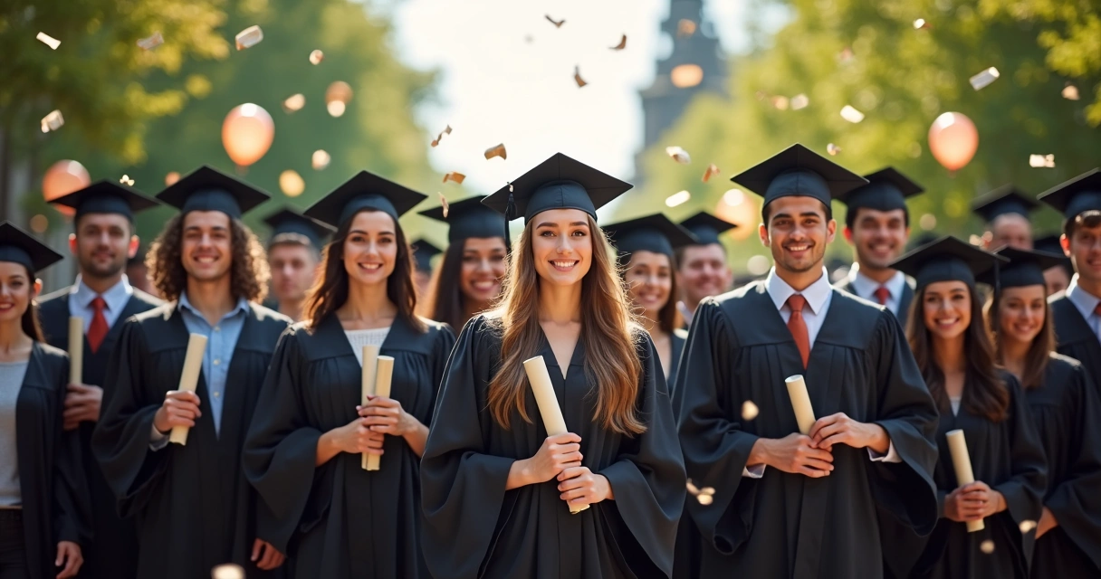 Alunos universitários sorrindo com beca e diploma na mão 