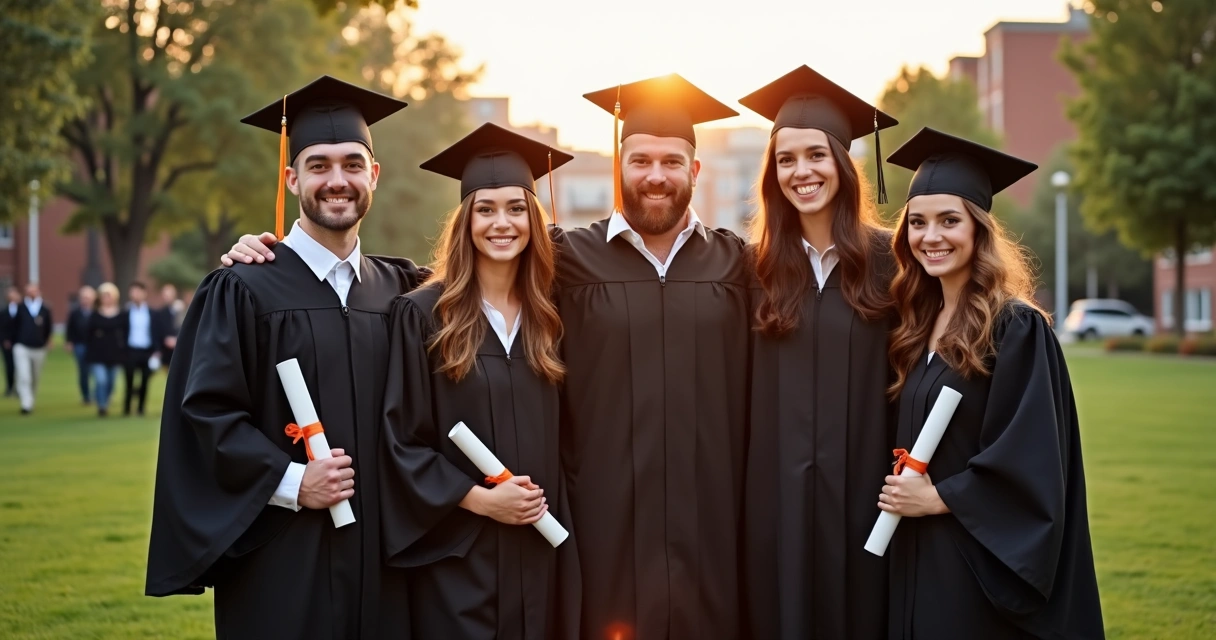 Grupo de estudantes com uniforme de restaurante comemorando a formatura 