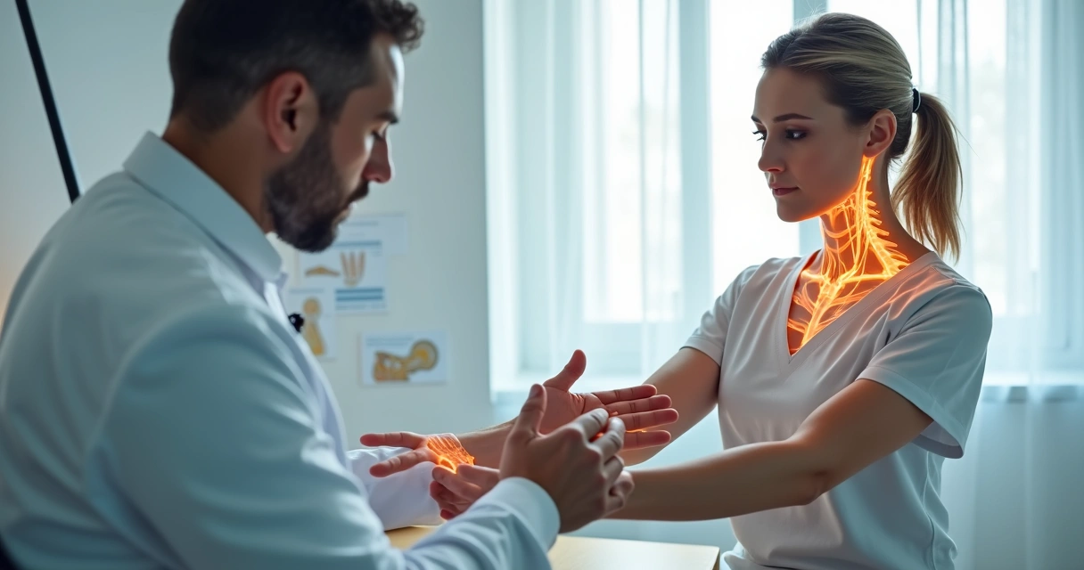 Médico examina braço de paciente com formigamento em ambiente clínico calmo 
