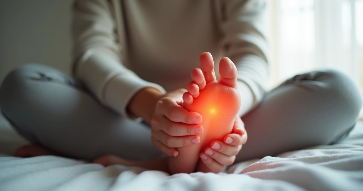 Pessoa sentada segurando o pé com as mãos