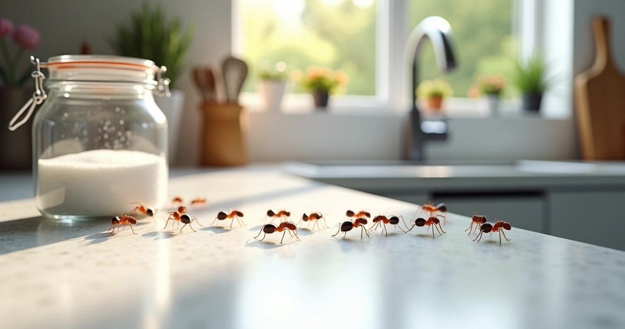 Formigas caminhando em bancada de cozinha ao lado de pote de açúcar aberto