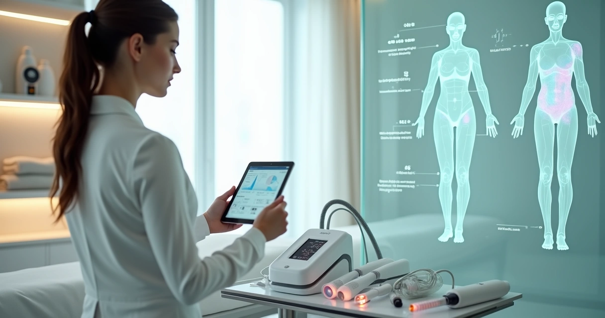 Mapa corporal con zonas marcadas y aparatología estética en clínica profesional 