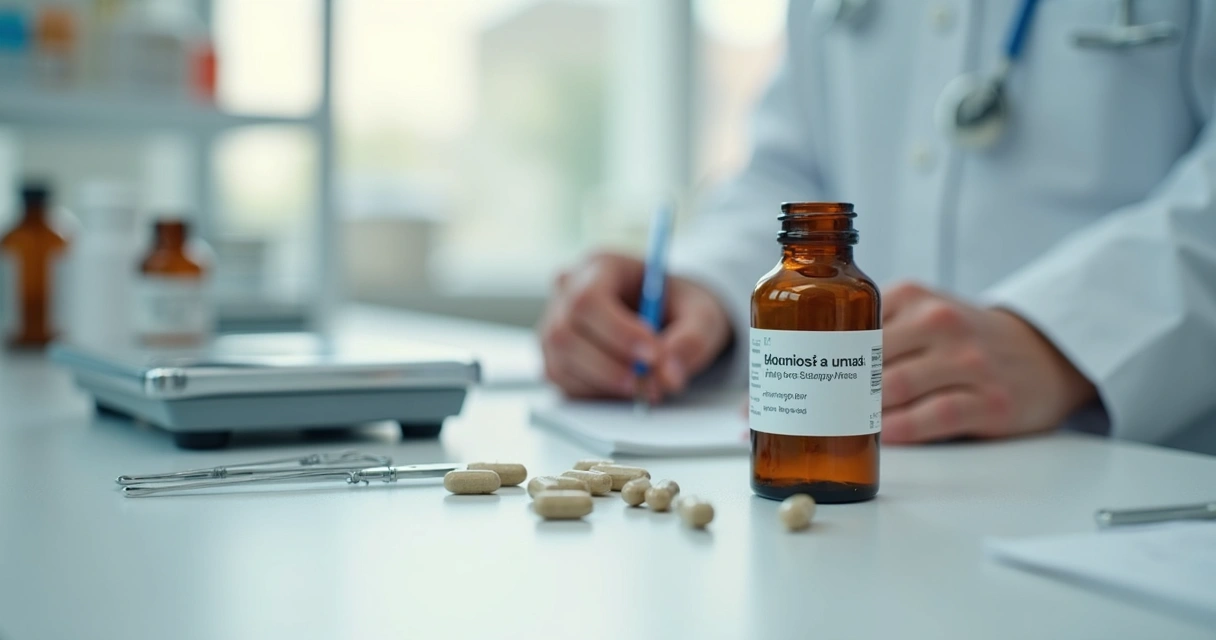 Cápsulas manipuladas e frasco sobre bancada farmacêutica
