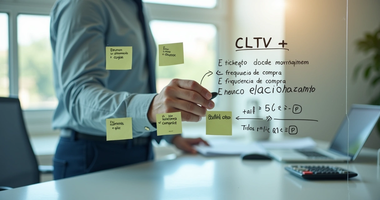 Cálculo CLTV na lousa com valores médios de compra e tempo de relacionamento 