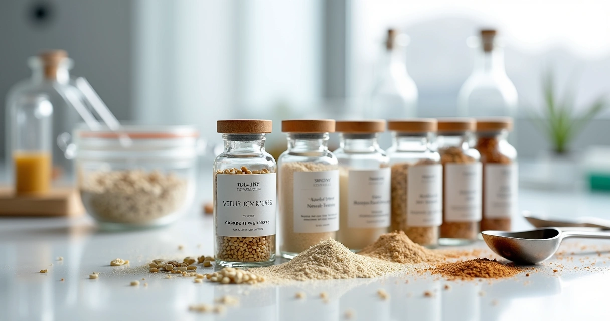 Frascos de vidro com fórmulas de fibras e prebióticos em um laboratório