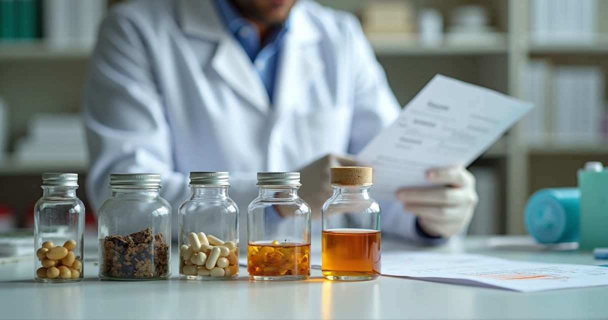 Manipulação farmacêutica com diferentes cápsulas coloridas e práticas de segurança.