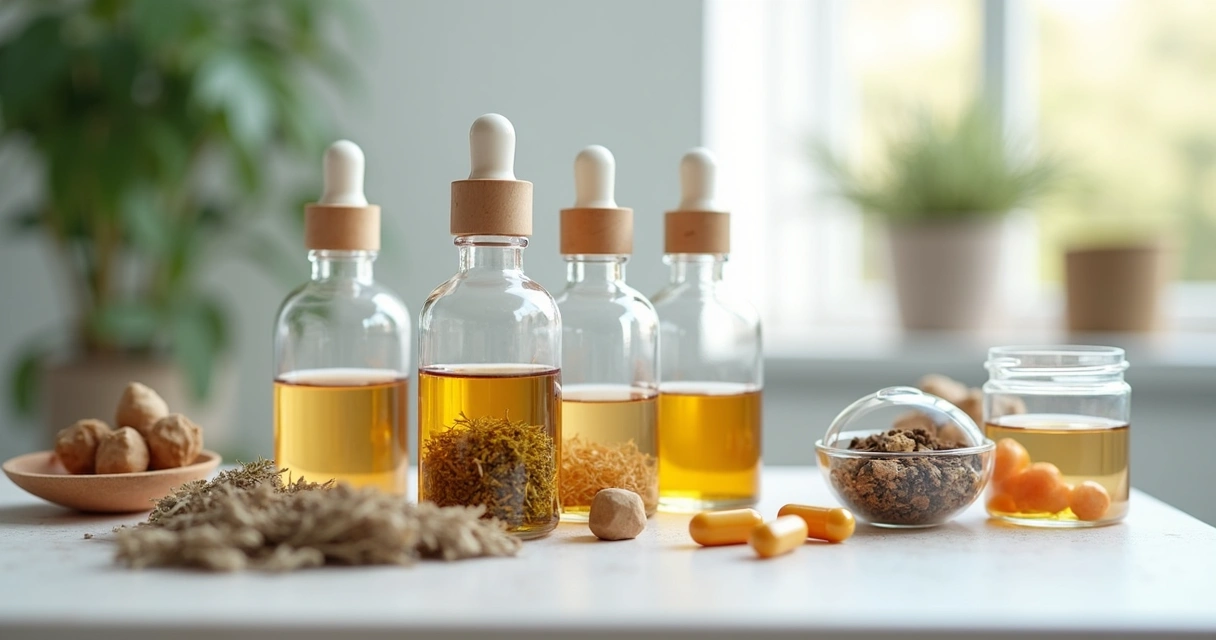 Frascos de fórmulas manipuladas para alopecia feminina e ingredientes naturais sobre mesa branca. 