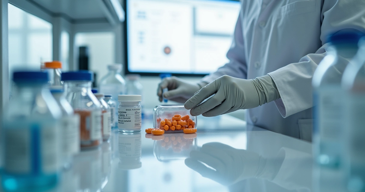Cápsulas de medicamentos manipulados em bancada de laboratório