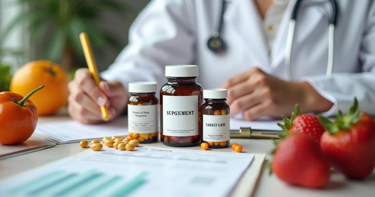 Frascos de suplementos personalizados e frutas frescas sobre mesa de consulta nutricional
