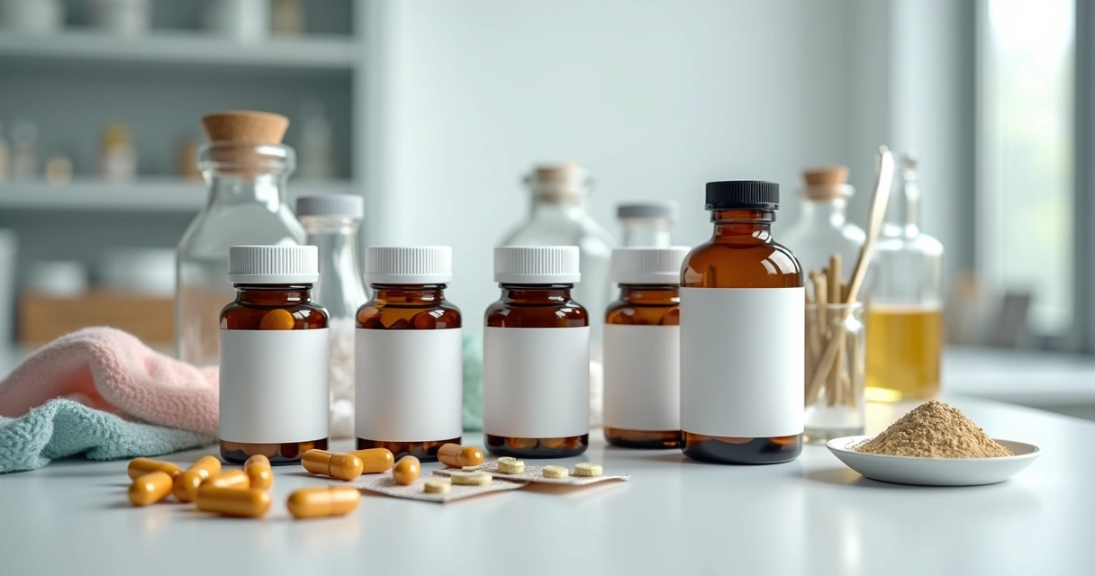 Frascos de suplementos manipulados em bancada de farmácia 
