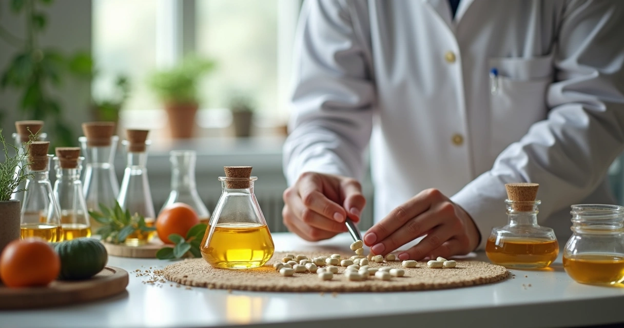 Cápsulas manipuladas ao lado de ingredientes naturais em bancada de farmácia 