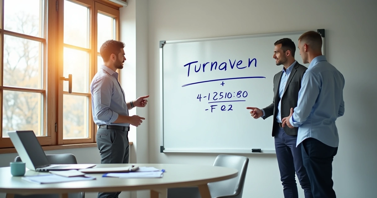 Quadro branco com cálculo de turnover escrito e pessoas analisando os números 