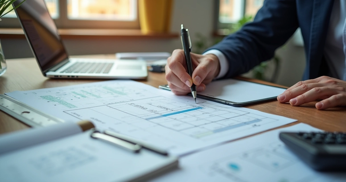 Mesa de trabalho com documentos, laptop aberto e pessoa escrevendo quesitos à mão 