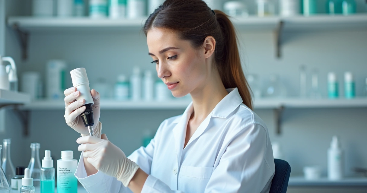 Farmacêutica preparando dermocosmético em laboratório 