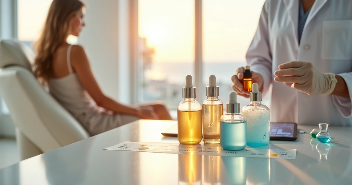 Profissional de saúde estética analisando formulação personalizada de verão em consultório moderno 