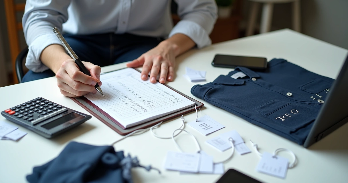 Dono de marca calculando preço de roupa com bloco de notas, planilha, celular e peça pronta 