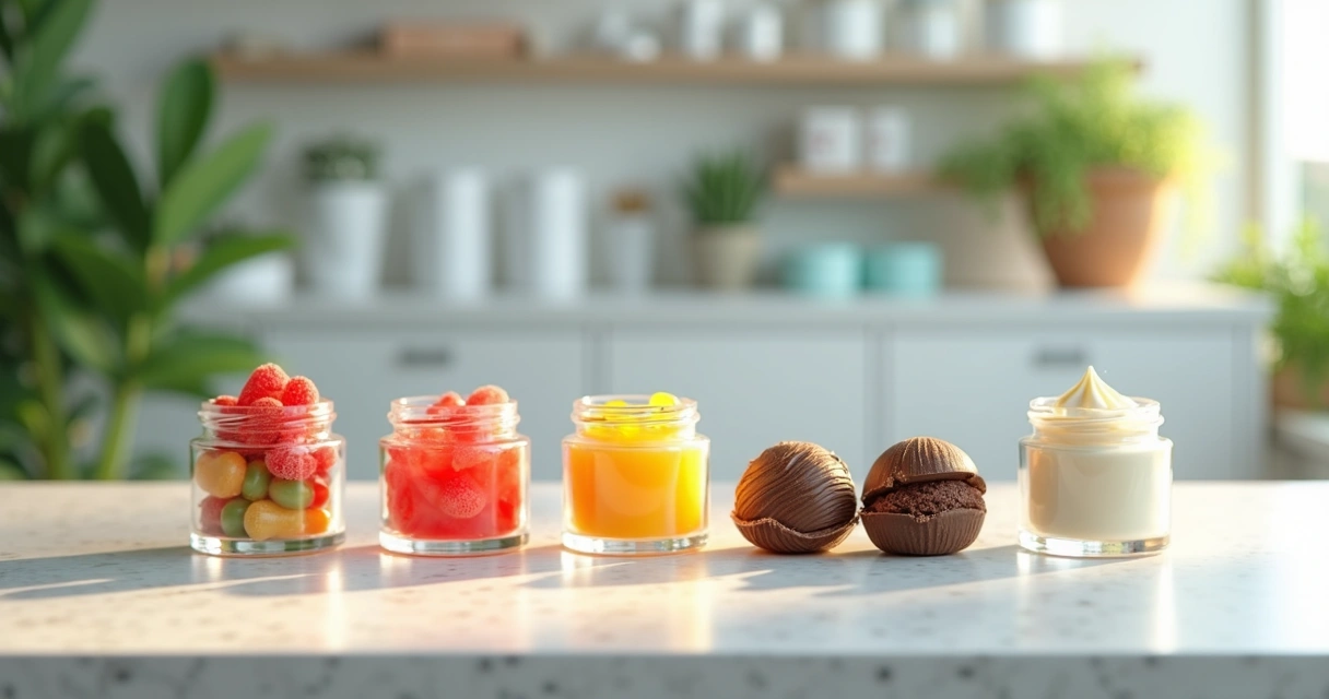 Frascos com gomas e chocolates personalizados ao lado de potes com bases veganas hipoalergênicas em bancada clara 
