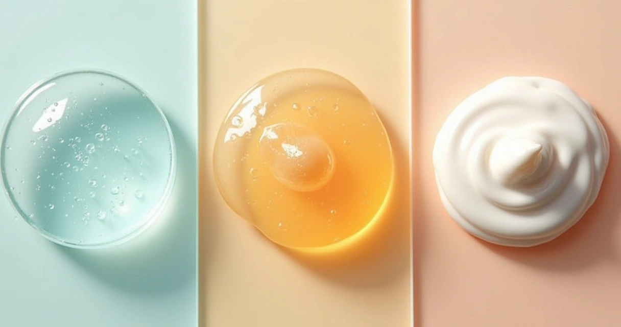 Vários tipos de texturas de cosméticos em placas de vidro, mostrando géis, séruns e cremes suaves 