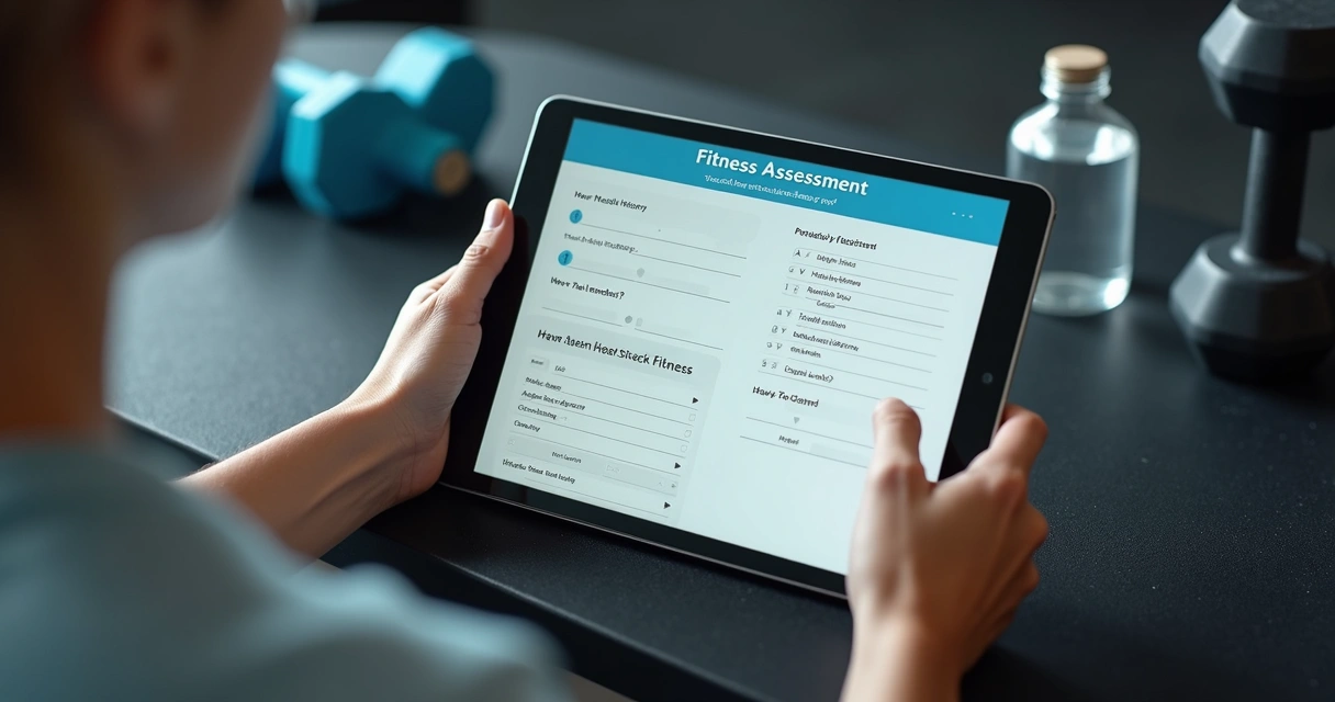 Tela de tablet exibindo formulário digital de anamnese para avaliação física 