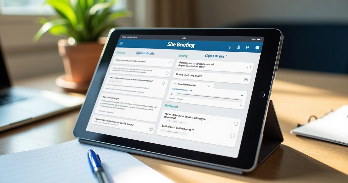 Formulário digital de briefing com campos e perguntas em tela de tablet 