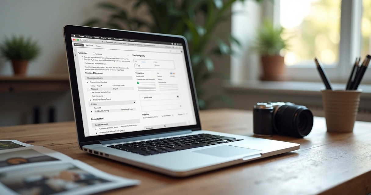 Formulário de briefing fotográfico com campos preenchidos em um laptop 