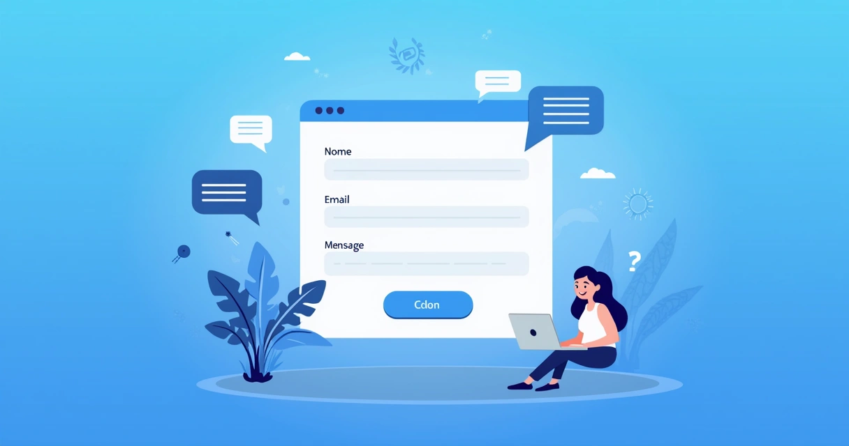 Formulário de contato em website com campos simples e cliente satisfeito digitando.