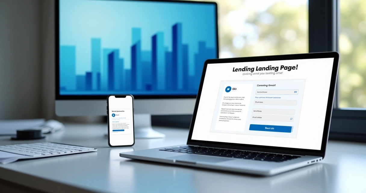 Tela de landing page com formulário de captação e gráficos de conversão 