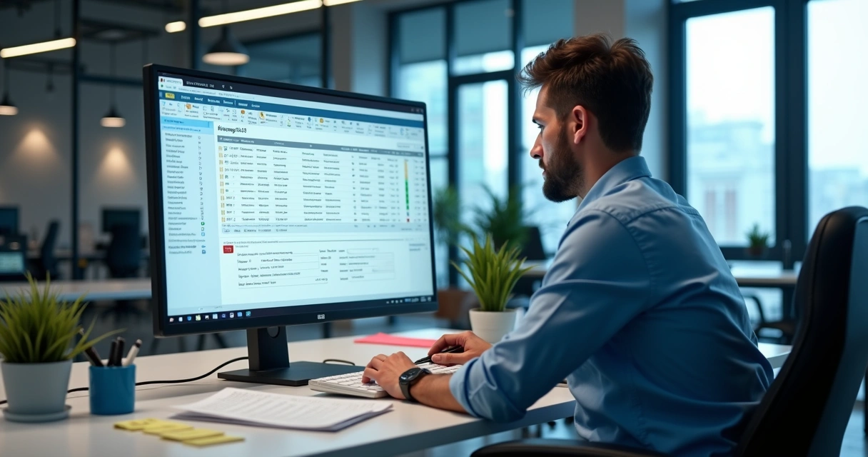 Tela de CRM com muitos campos e alertas visuais em um escritório 