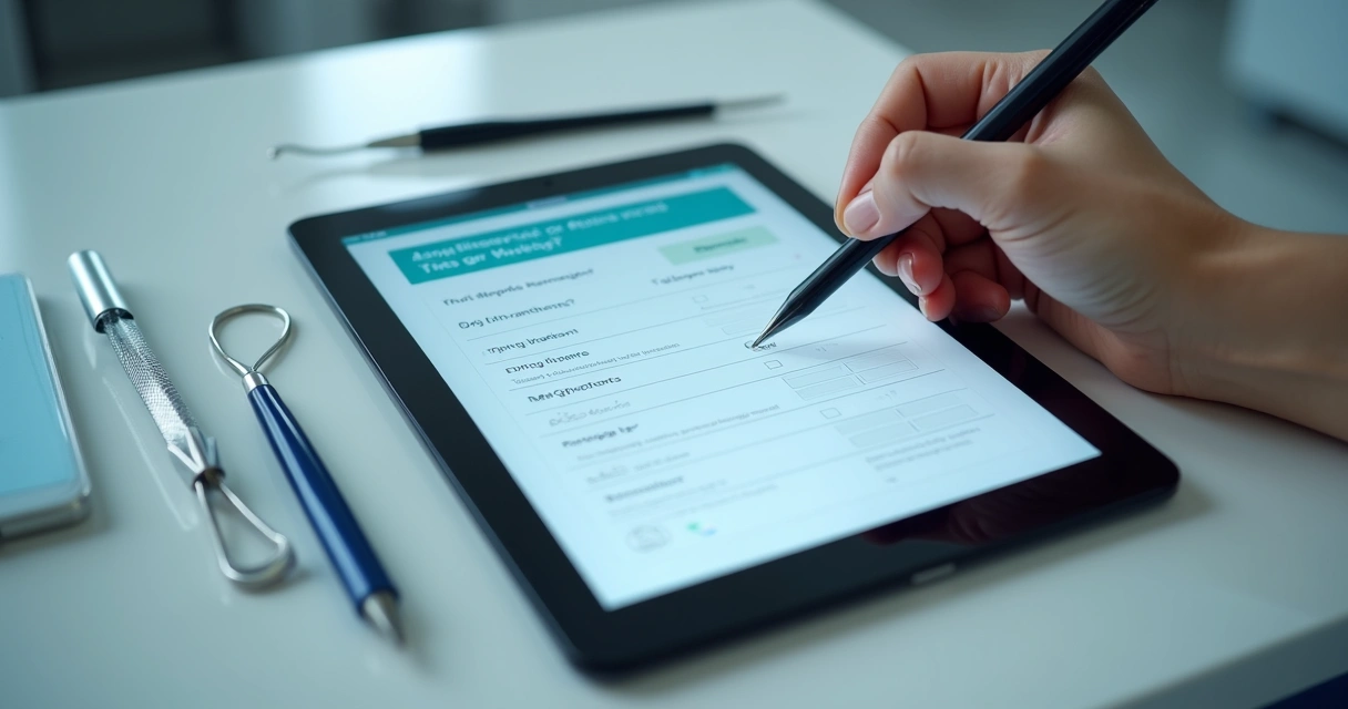 Formulário digital aberto em tablet na clínica odontológica 