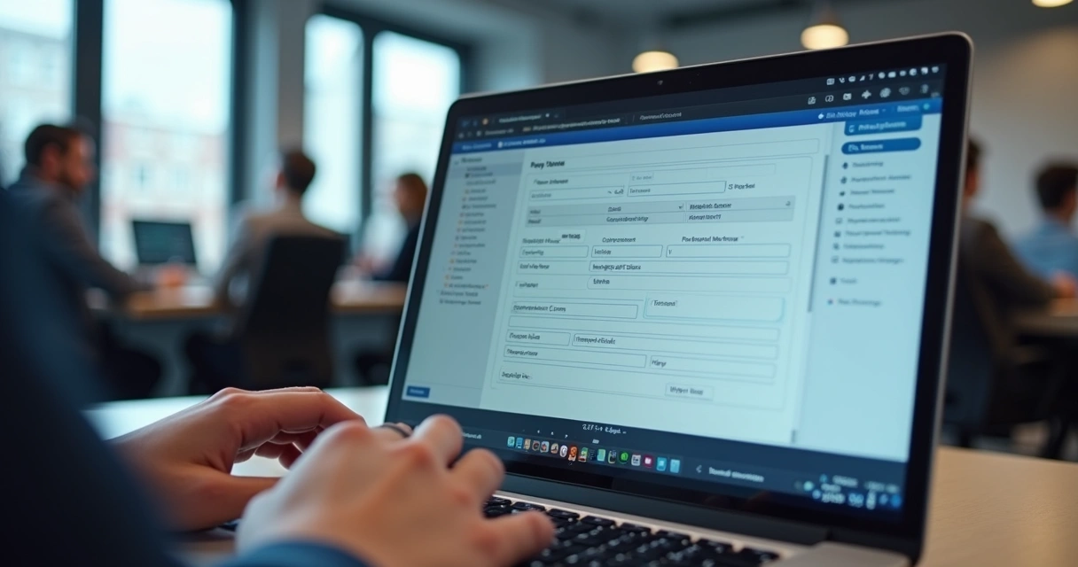 Formulário digital de chamados de TI sendo preenchido em um notebook. 