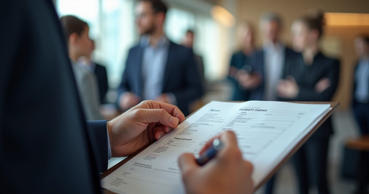 Pessoa preenchendo formulário simples em evento com público corporativo