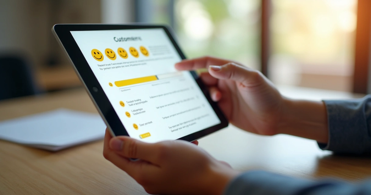 Formulário digital sendo preenchido em um tablet para pesquisa de satisfação de clientes. 