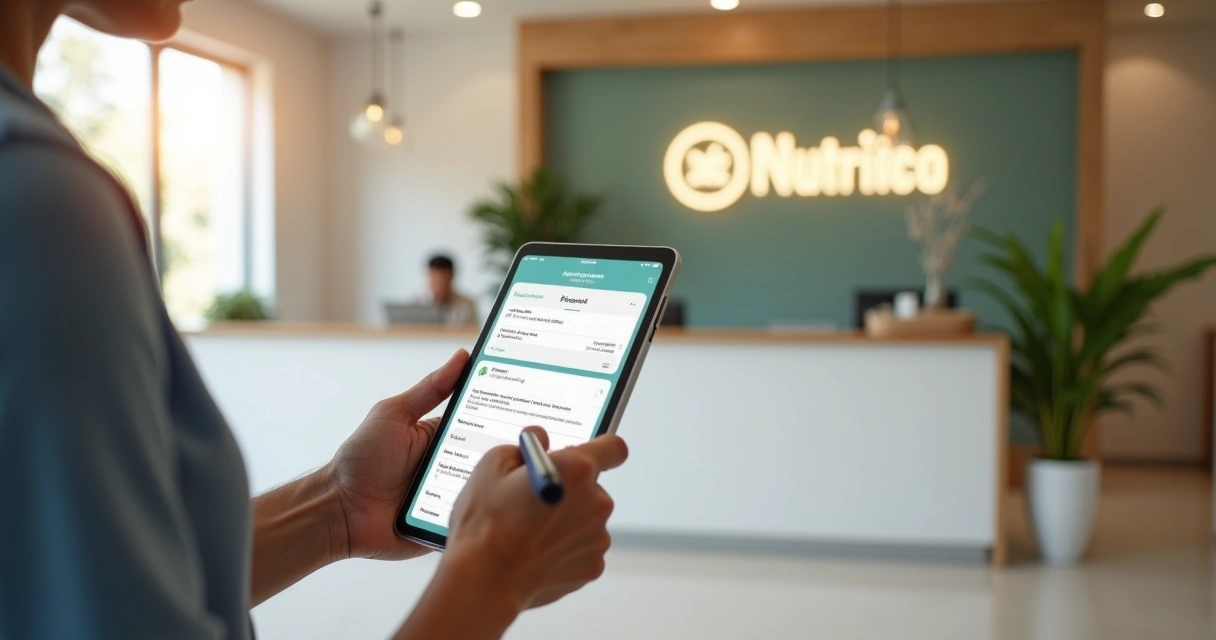 Paciente preenchendo formulário de avaliação em tablet 