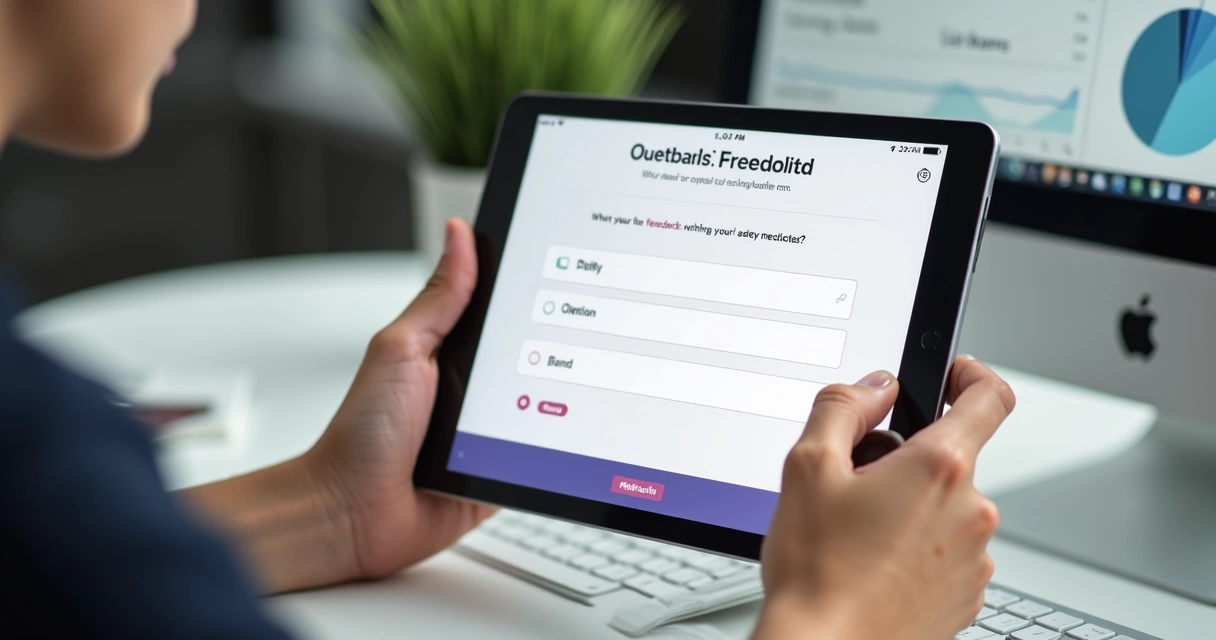 Usuário preenchendo formulário digital em um tablet sobre experiência de produto 