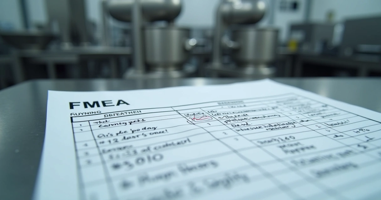 Formulário FMEA com falhas anotadas sobre bancada em indústria alimentícia 