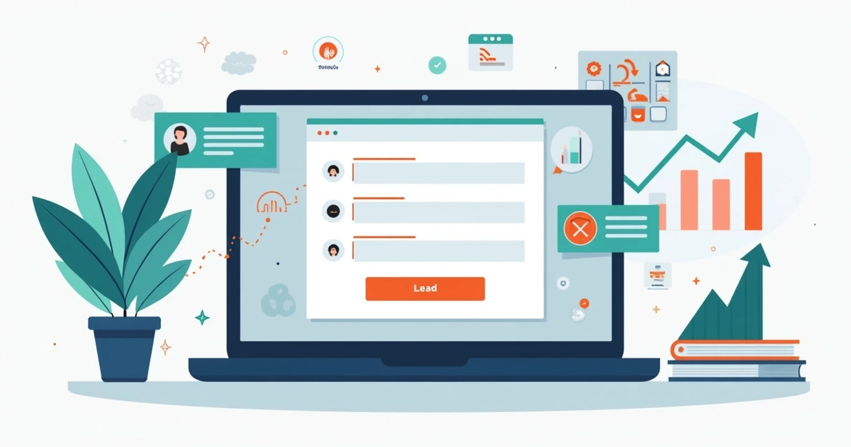 Ilustração de formulário de geração de leads em uma landing page com gráfico de conversão em alta 