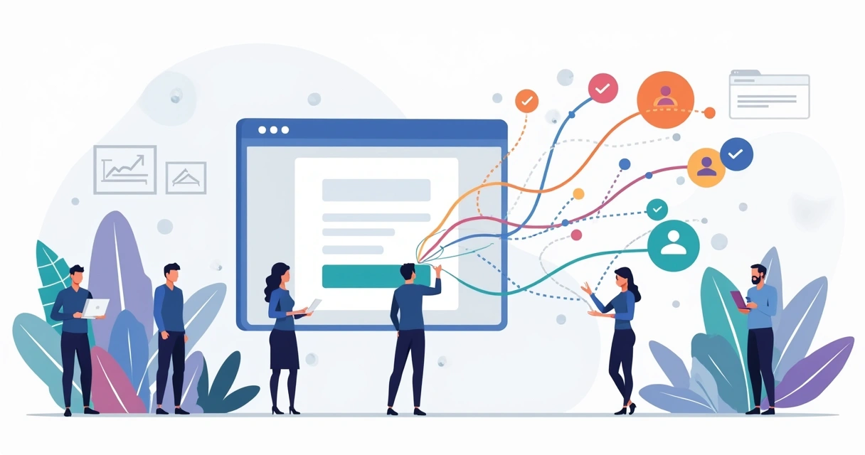 Ilustração de formulário digital gerando leads para equipe de marketing e vendas 