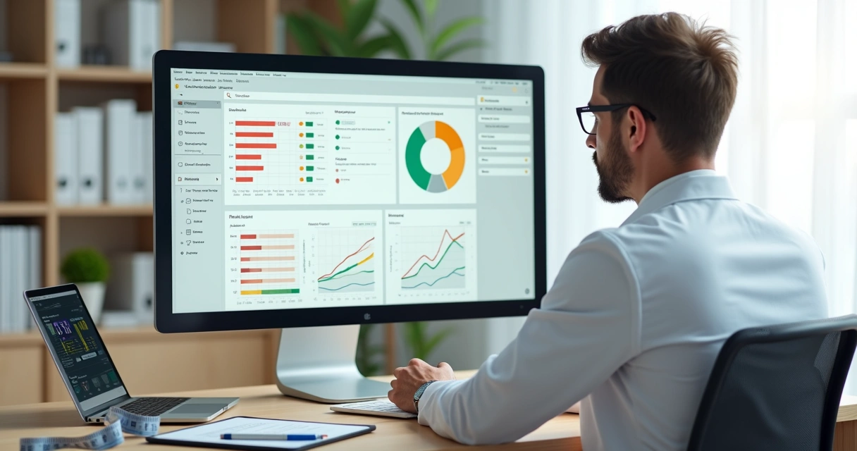 Nutricionista analisando formulário digital com gráficos e IA na tela 