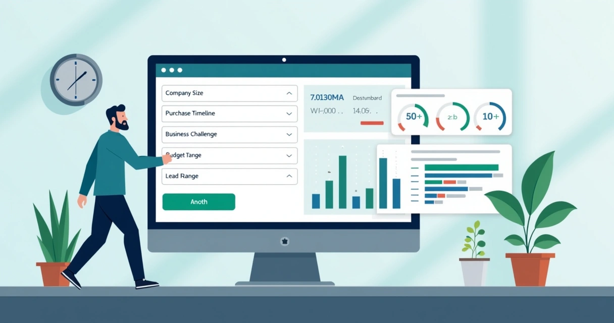 Formulário B2B com campos de qualificação e gráfico de leads 