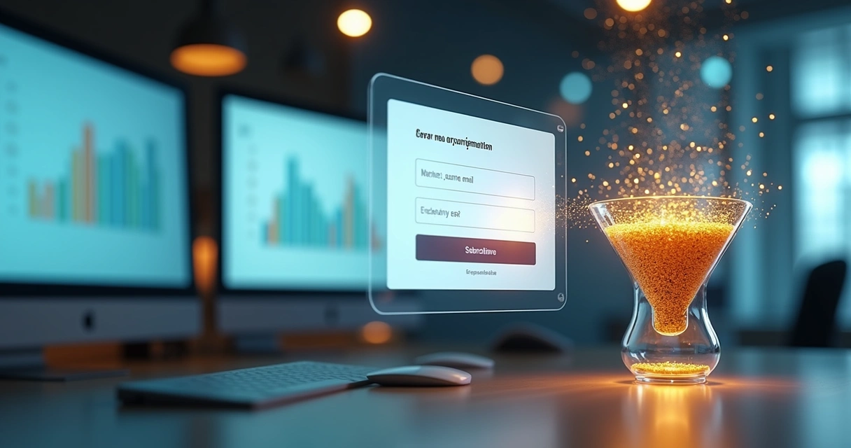 Formulário digital flutuando com funil de leads qualificados ao fundo 