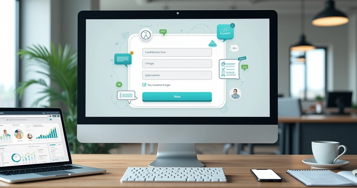 Tela de computador mostrando formulário de captura de leads com elementos de marketing digital 