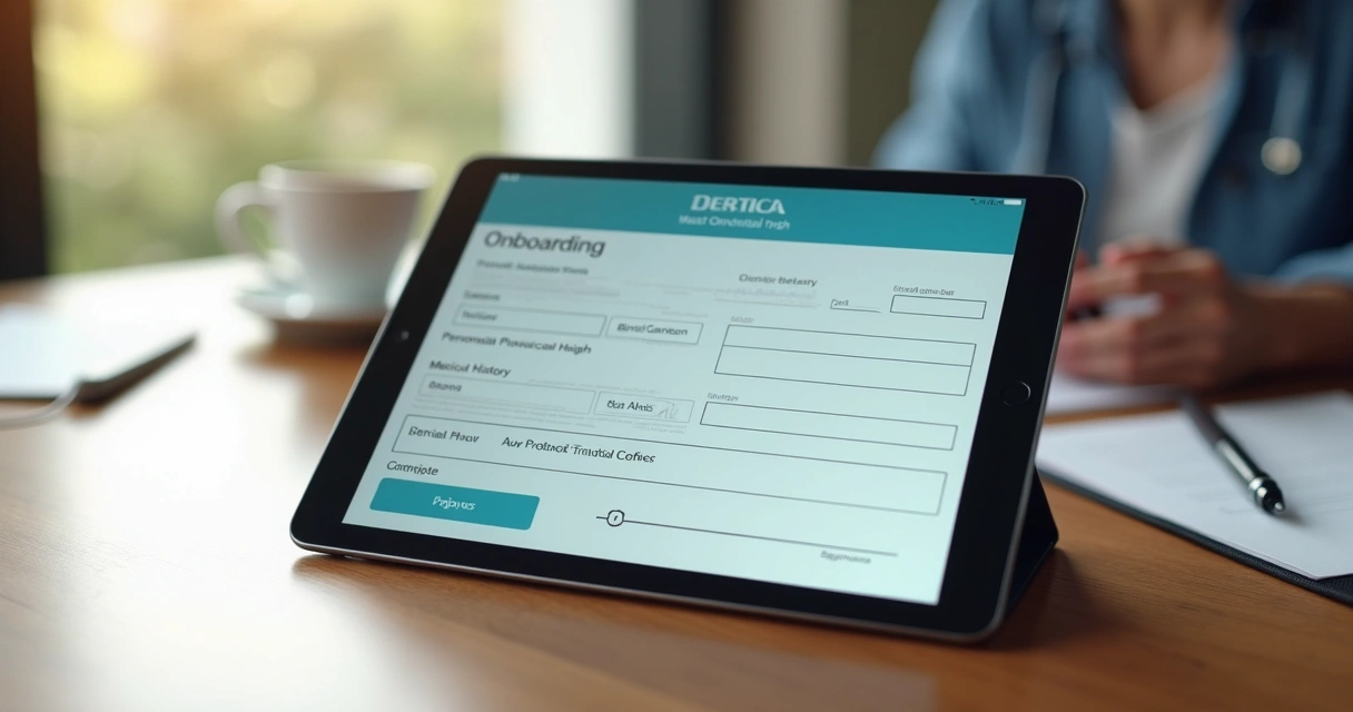 Formulário digital de onboarding para pacientes em tablet sobre mesa