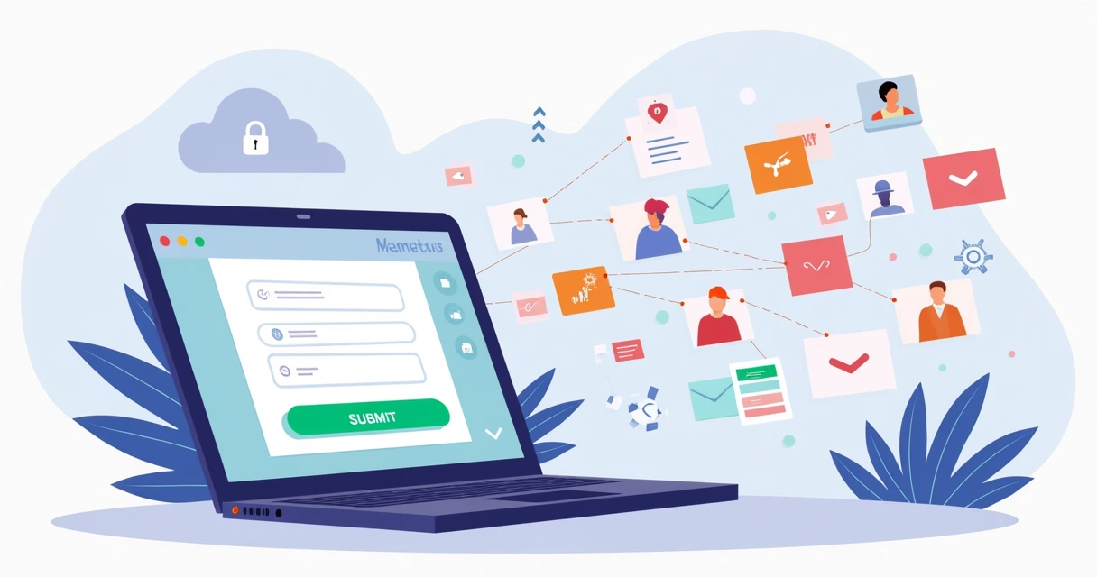 Ilustração de formulário online em tela de computador captando leads organizados em lista 