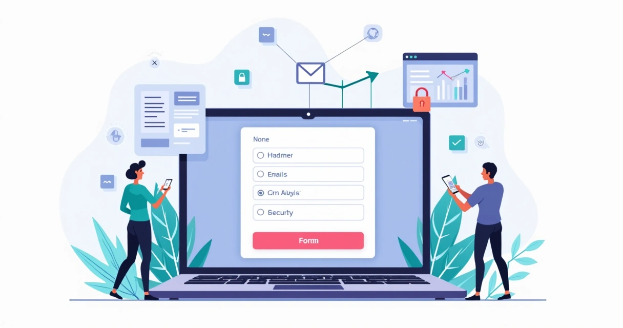 Ilustração de formulário online eficiente em página de site com gráficos de conversão 